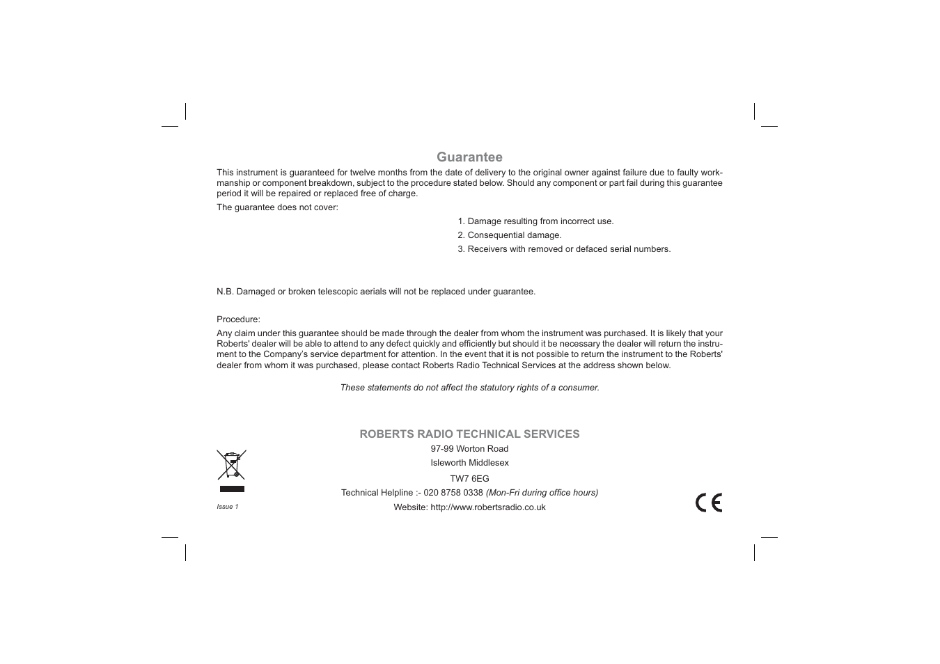Guarantee | Roberts Radio Multi-Powered 2 Band Radio R9957 User Manual | Page 12 / 12