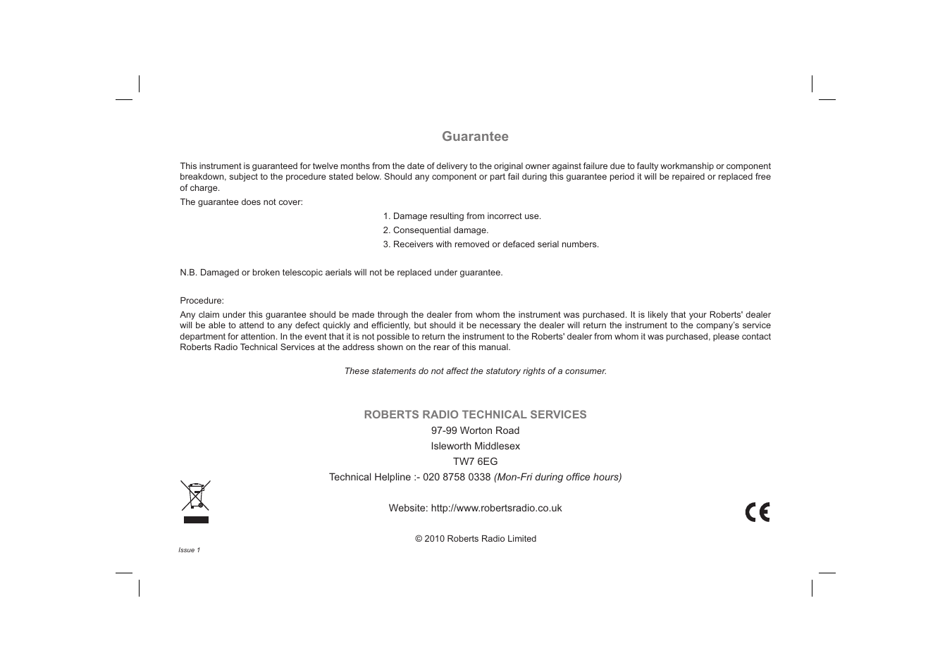 Guarantee | Roberts Radio exprssion User Manual | Page 28 / 28