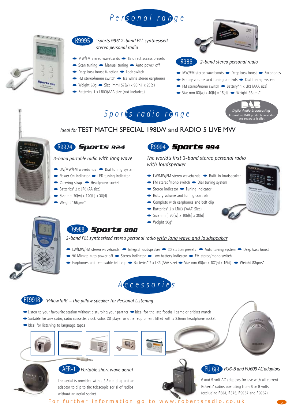 R9988, R9994, R9924 | R986, Pt9918, R9995, Aer-1 pu 6/9, Test match special 198lw and radio 5 live mw | Roberts Radio R250 User Manual | Page 5 / 8