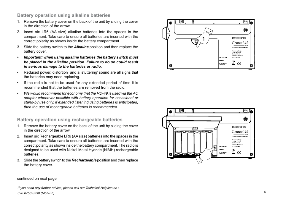 Battery operation using alkaline batteries, Battery operation using rechargeable batteries | Roberts Radio Gemini 49 RD-49 User Manual | Page 5 / 20