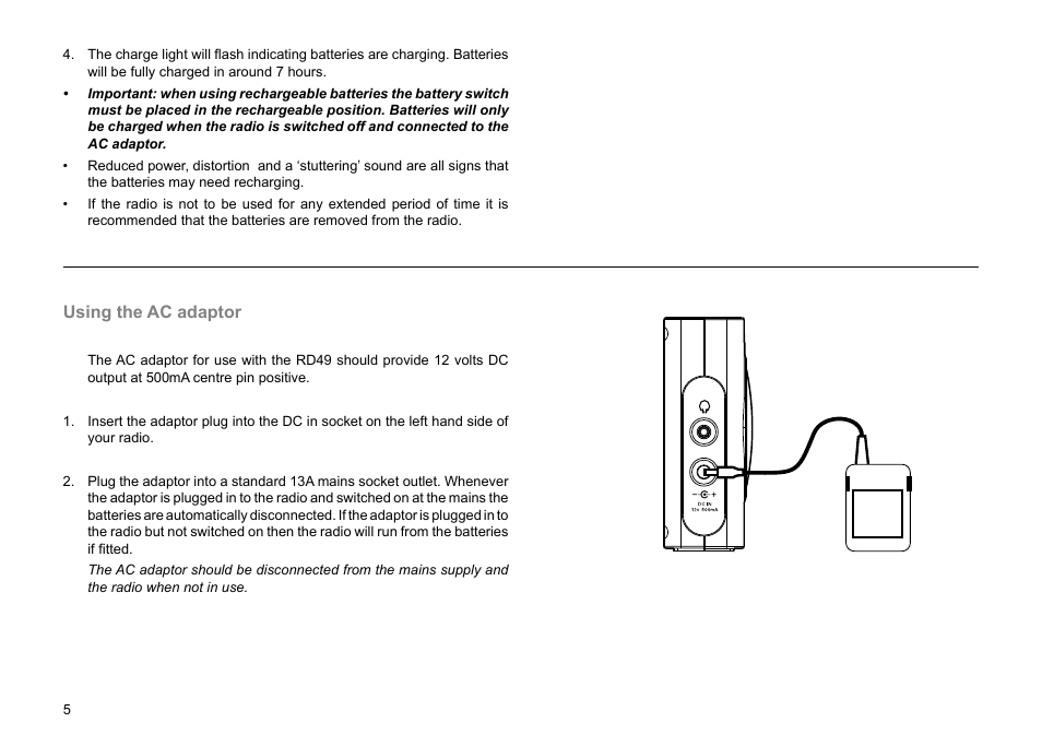 Using the ac adaptor | Roberts Radio Gemini 49 RD-49 User Manual | Page 6 / 20