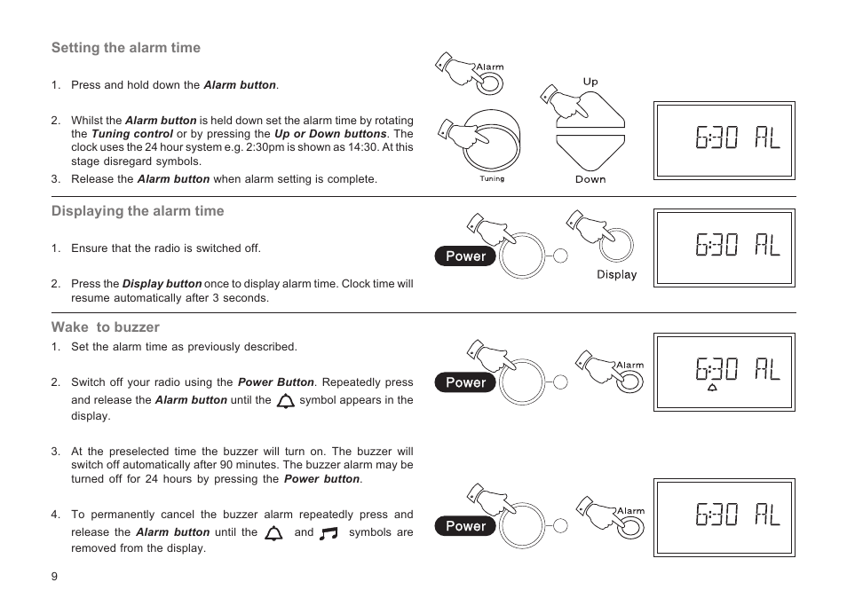 Setting the alarm time, Displaying the alarm time, Wake to buzzer | Roberts Radio R9929 User Manual | Page 10 / 24