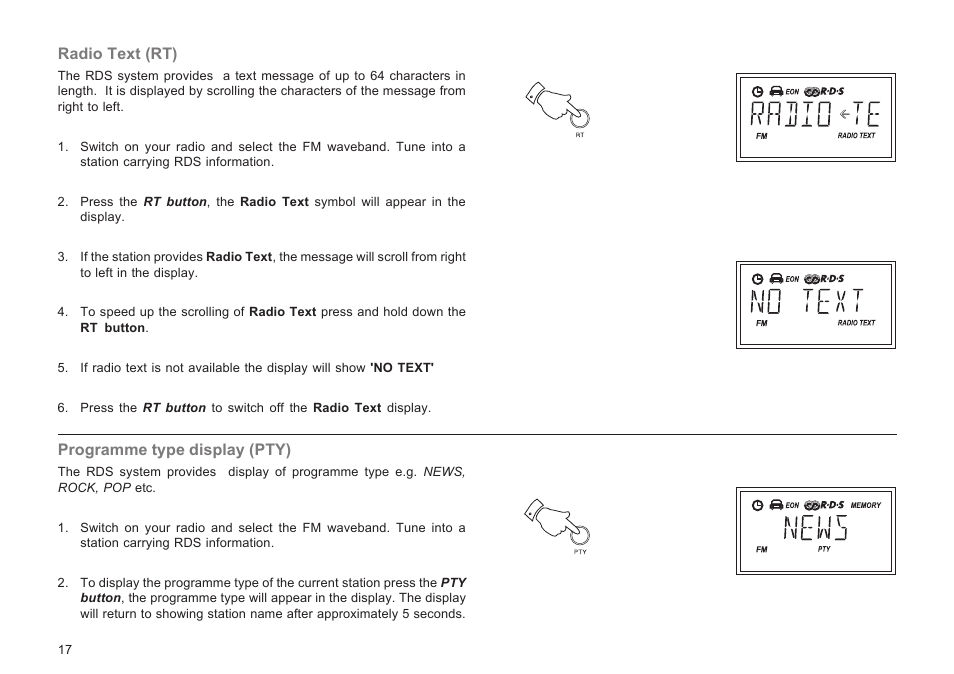 Radio text (rt), Programme type display (pty) | Roberts Radio R9929 User Manual | Page 18 / 24