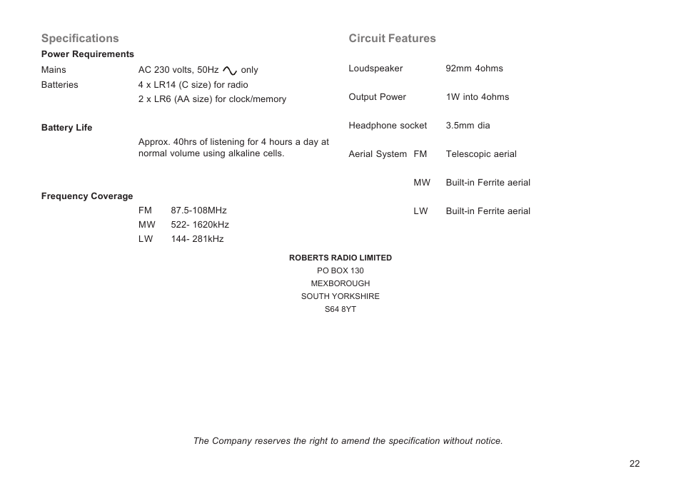 Specifications, Circuit features | Roberts Radio R9929 User Manual | Page 23 / 24