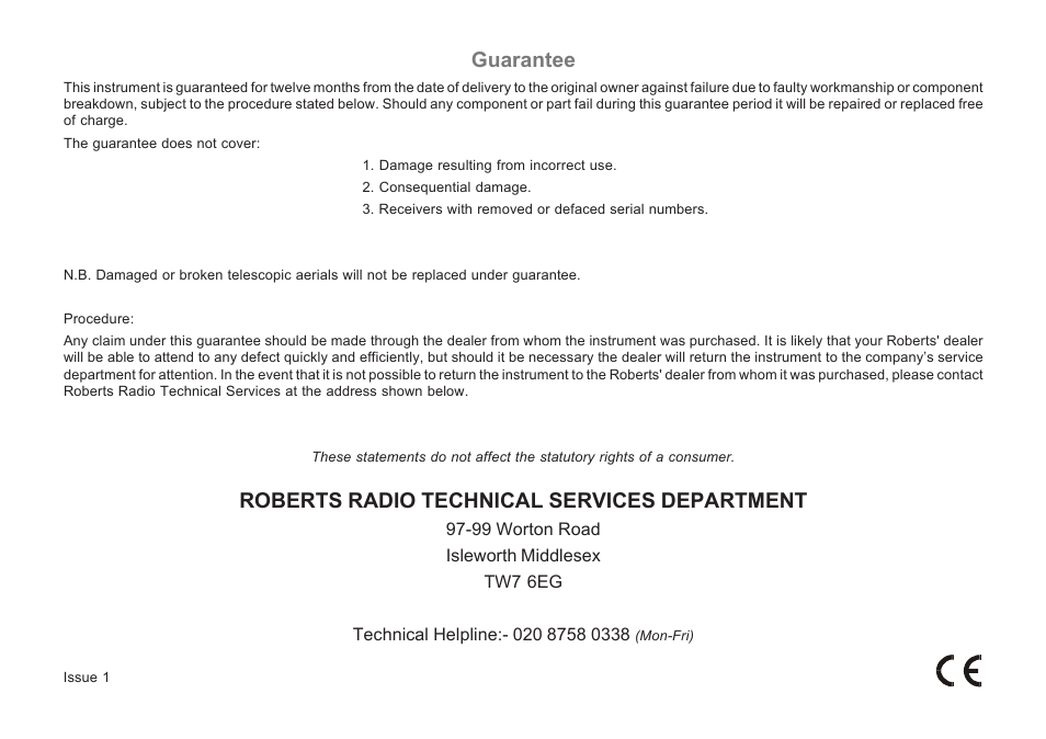 Roberts radio technical services department, Guarantee | Roberts Radio R9929 User Manual | Page 24 / 24