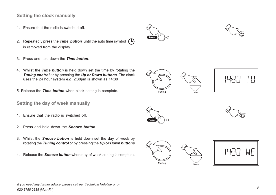 Setting the clock manually, Setting the day of week manually | Roberts Radio R9929 User Manual | Page 9 / 24