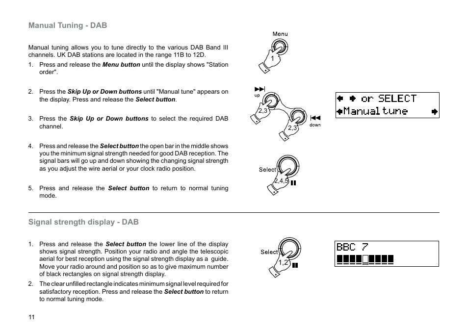 Manual tuning - dab, Signal strength display - dab | Roberts Radio CRD-36 User Manual | Page 12 / 36