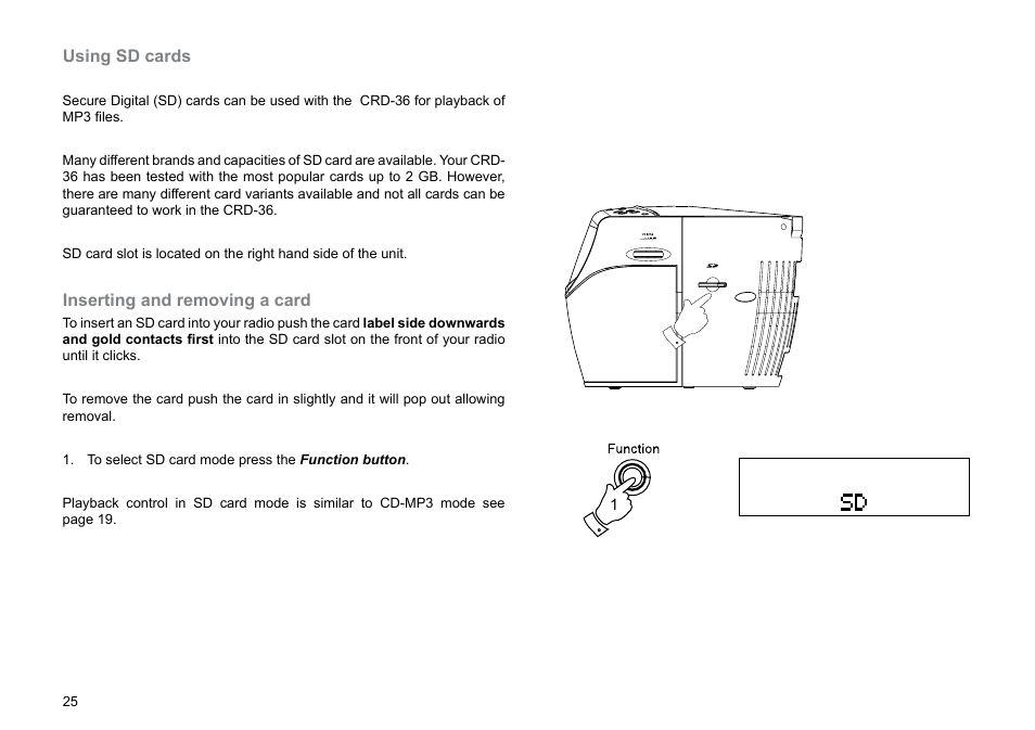 Using sd cards, Inserting and removing a card | Roberts Radio CRD-36 User Manual | Page 26 / 36
