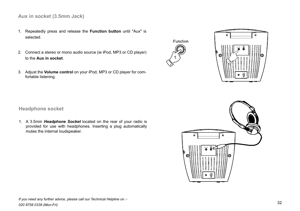 Aux in socket (3.5mm jack), Headphone socket | Roberts Radio CRD-36 User Manual | Page 33 / 36