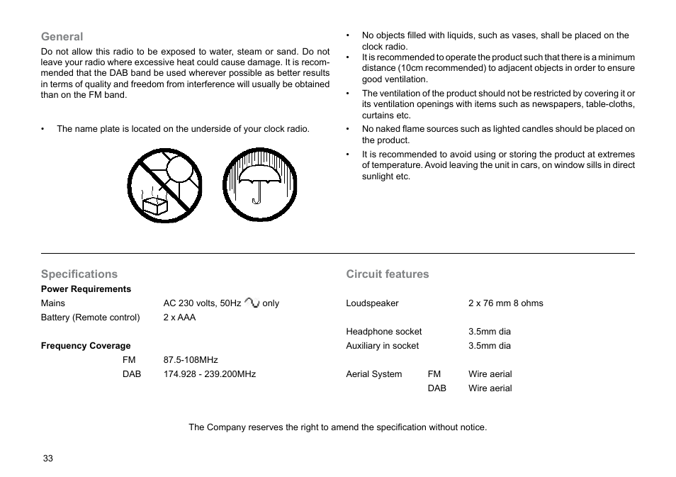 Specifications, Circuit features, General | Roberts Radio CRD-36 User Manual | Page 34 / 36