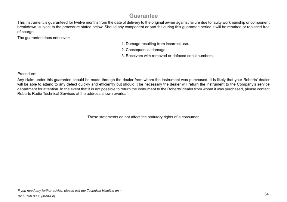Guarantee | Roberts Radio CRD-36 User Manual | Page 35 / 36