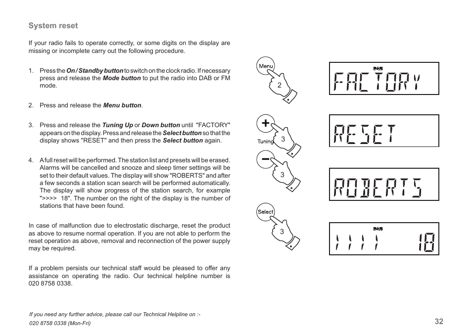 32 system reset | Roberts Radio CRD-42 User Manual | Page 33 / 40