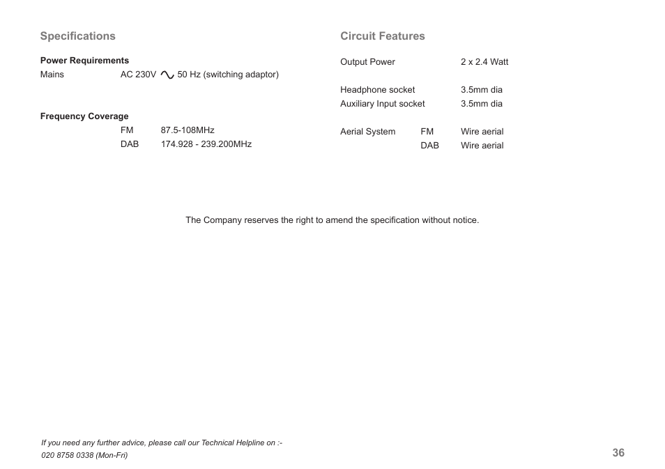 Circuit features, Speciﬁcations | Roberts Radio CRD-42 User Manual | Page 37 / 40