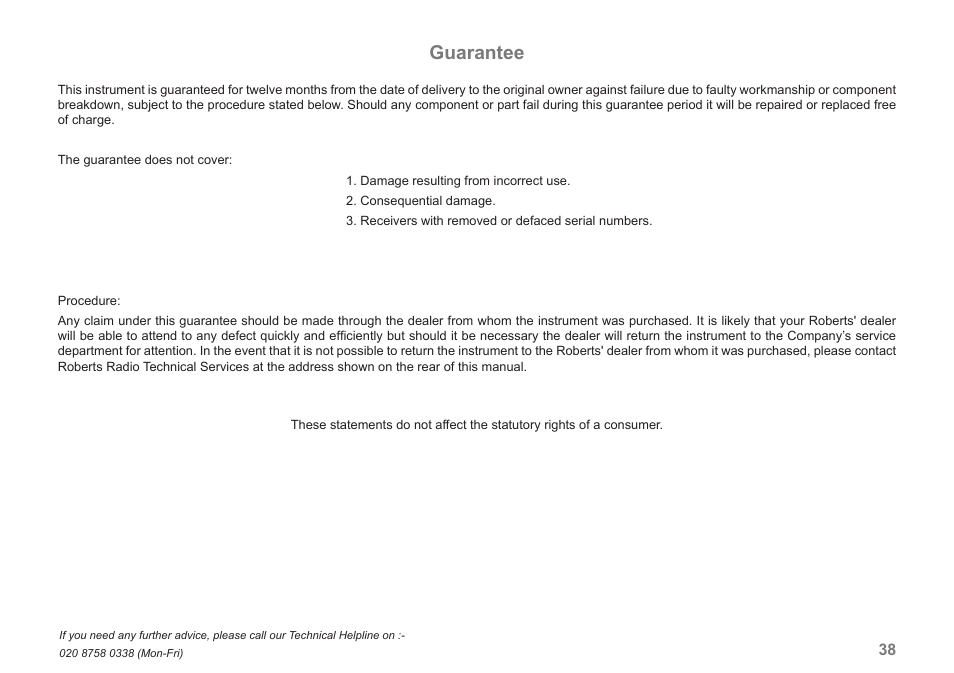 Guarantee | Roberts Radio CRD-42 User Manual | Page 39 / 40
