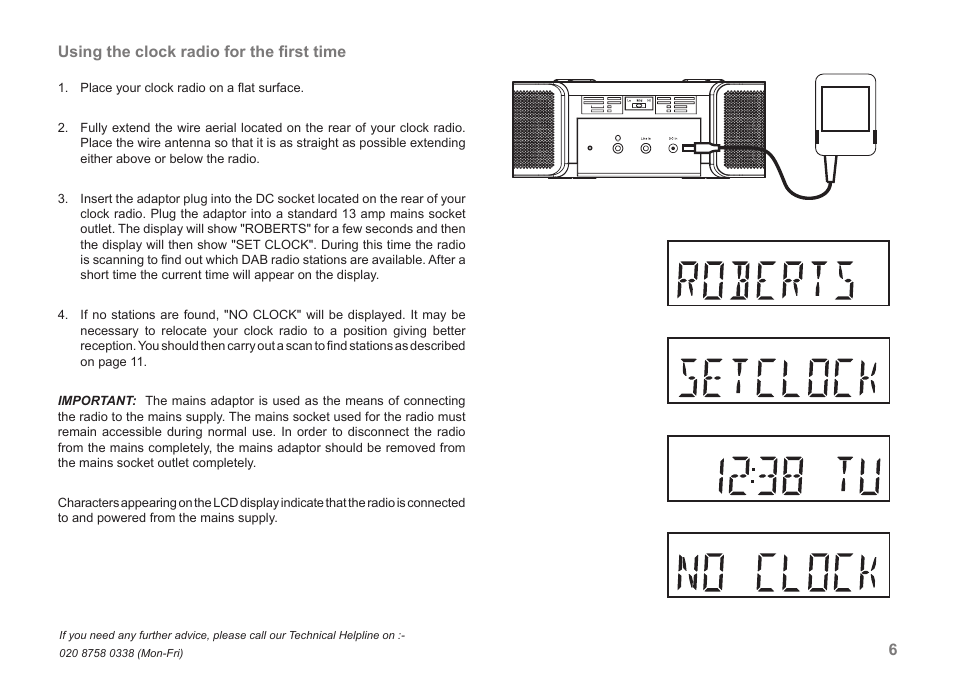 6using the clock radio for the ﬁrst time | Roberts Radio CRD-42 User Manual | Page 7 / 40