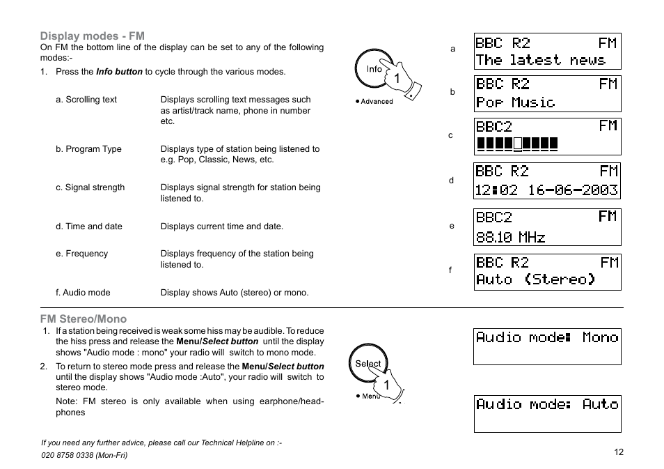 Display modes - fm, Fm stereo/mono | Roberts Radio Digital Radio with Dual Alarms CRD-29 User Manual | Page 13 / 24