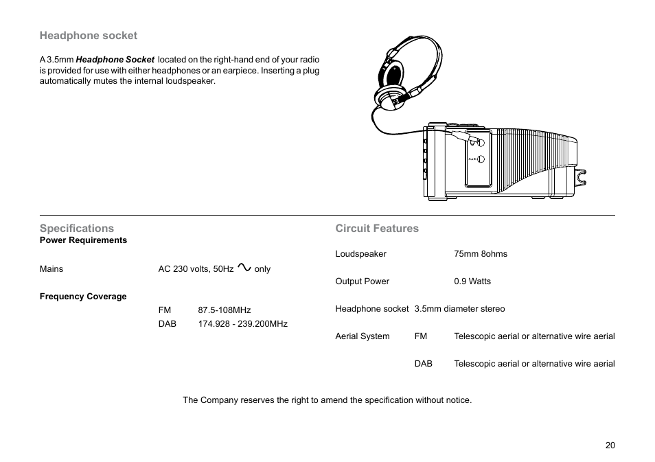 Specifications, Circuit features, Headphone socket | Roberts Radio Digital Radio with Dual Alarms CRD-29 User Manual | Page 21 / 24