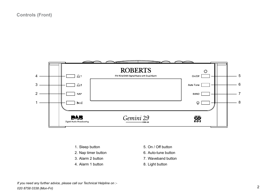 Controls (front) | Roberts Radio Digital Radio with Dual Alarms CRD-29 User Manual | Page 3 / 24