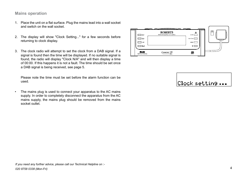 Mains operation | Roberts Radio Digital Radio with Dual Alarms CRD-29 User Manual | Page 5 / 24