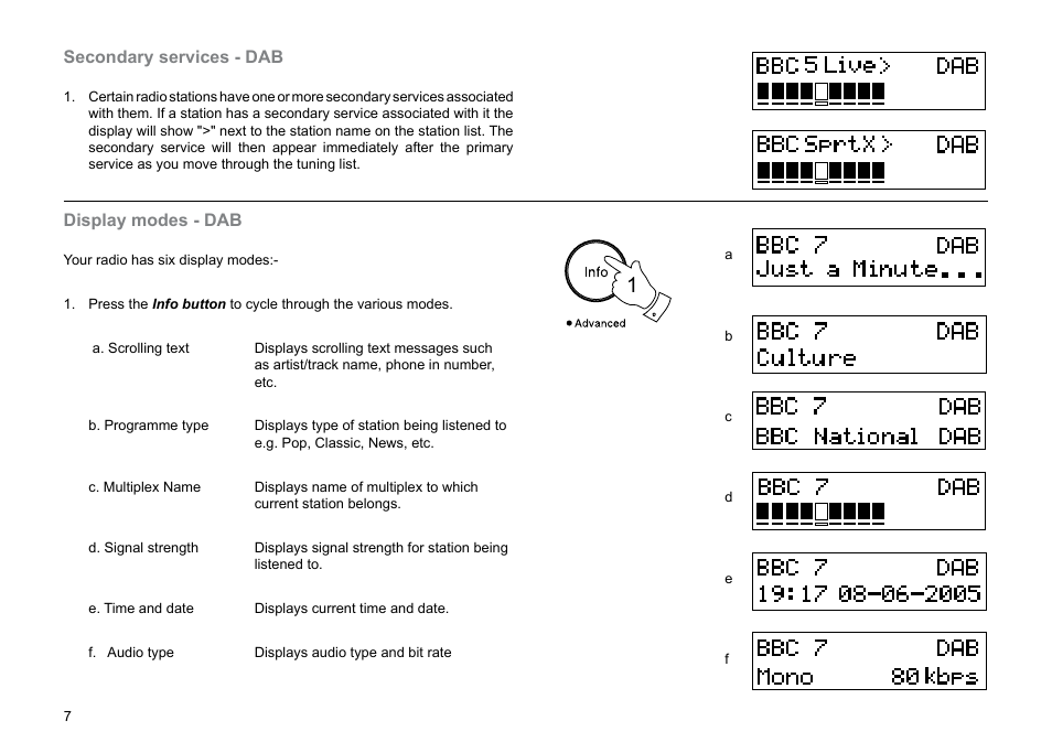 Display modes - dab, Secondary services - dab | Roberts Radio Digital Radio with Dual Alarms CRD-29 User Manual | Page 8 / 24