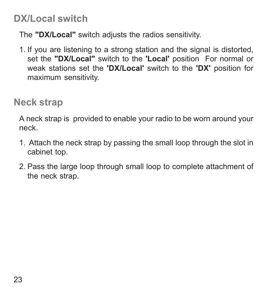 Dx/local switch, Neck strap | Roberts Radio R9942 User Manual | Page 24 / 28