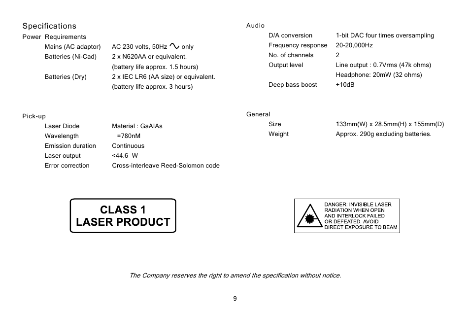 Specifications | Roberts Radio CD965 User Manual | Page 10 / 12