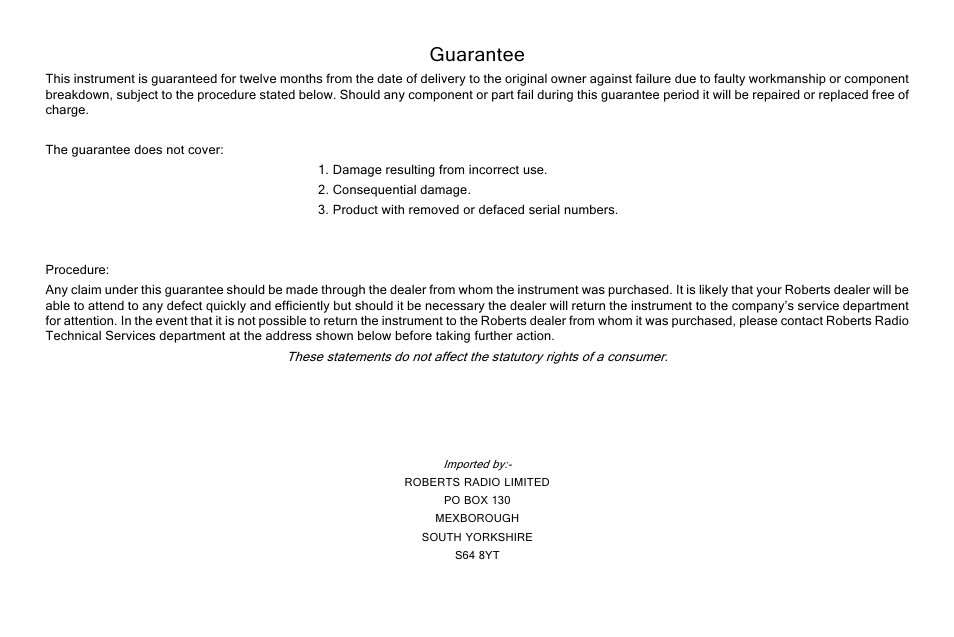Guarantee | Roberts Radio CD965 User Manual | Page 11 / 12