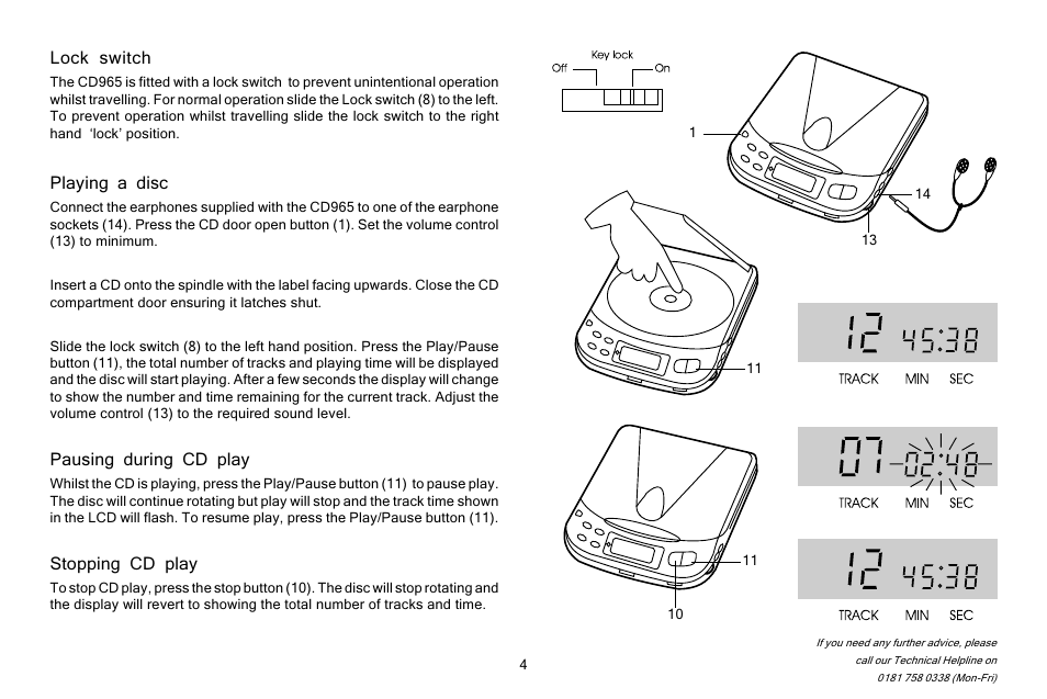 Lock switch, Playing a disc, Pausing during cd play | Stopping cd play | Roberts Radio CD965 User Manual | Page 5 / 12