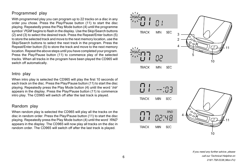 Programmed play, Intro play, Random play | Roberts Radio CD965 User Manual | Page 7 / 12