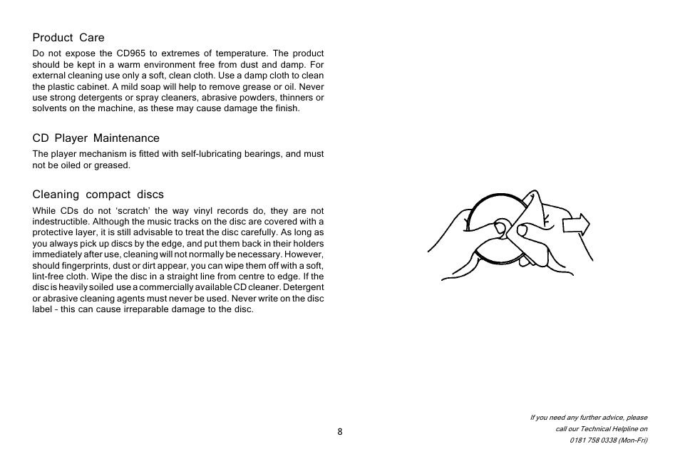 Product care, Cd player maintenance, Cleaning compact discs | Roberts Radio CD965 User Manual | Page 9 / 12