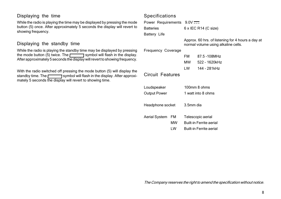 Specifications, Circuit features, Displaying the time | Displaying the standby time | Roberts Radio R737 User Manual | Page 9 / 12