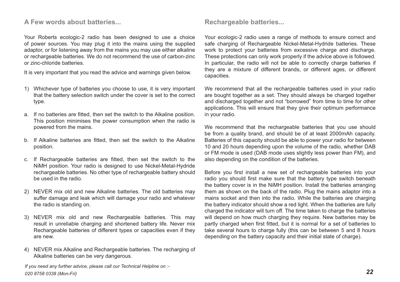 A few words about batteries, Rechargeable batteries | Roberts Radio ecologic 2 User Manual | Page 23 / 28