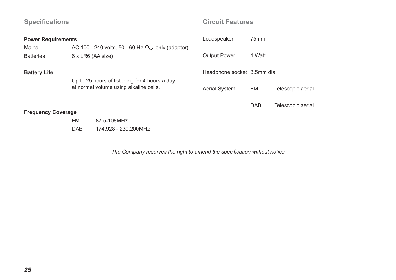 Circuit features, Speciﬁ cations | Roberts Radio ecologic 2 User Manual | Page 26 / 28