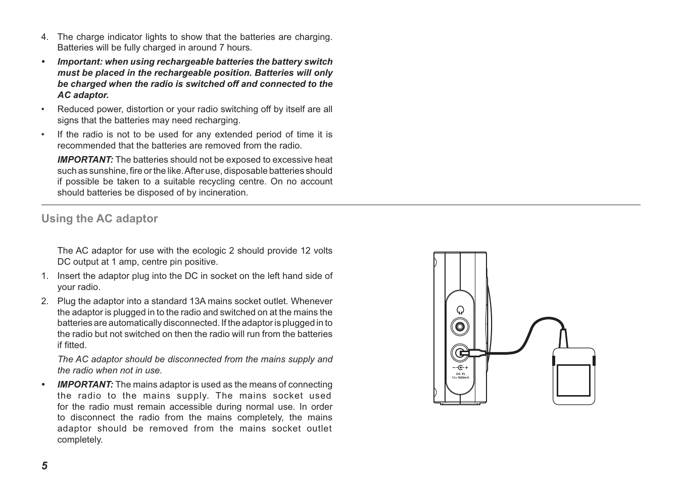 Using the ac adaptor | Roberts Radio ecologic 2 User Manual | Page 6 / 28