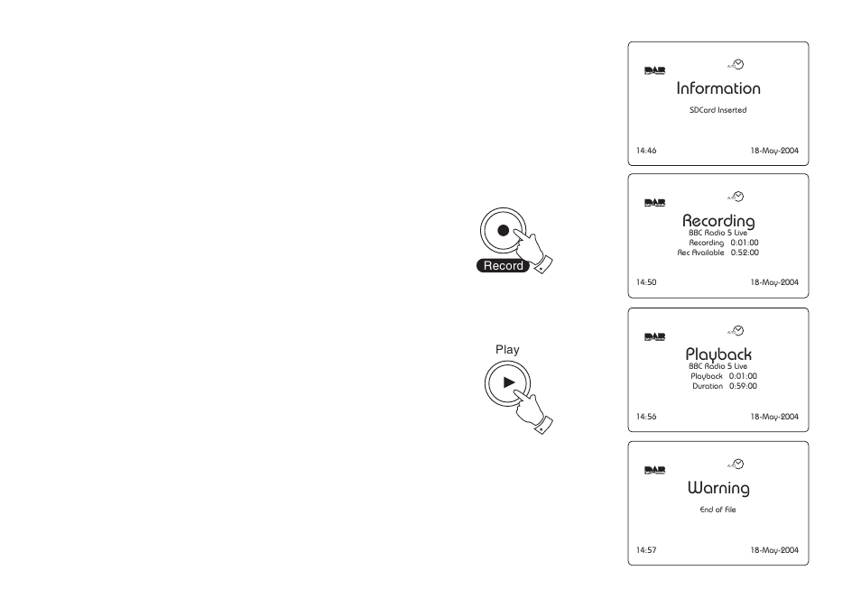 Information, Recording, Playback | Warning, Pause plus - record (sd card), Pause plus - play (sd card) | Roberts Radio RD-1 User Manual | Page 13 / 56