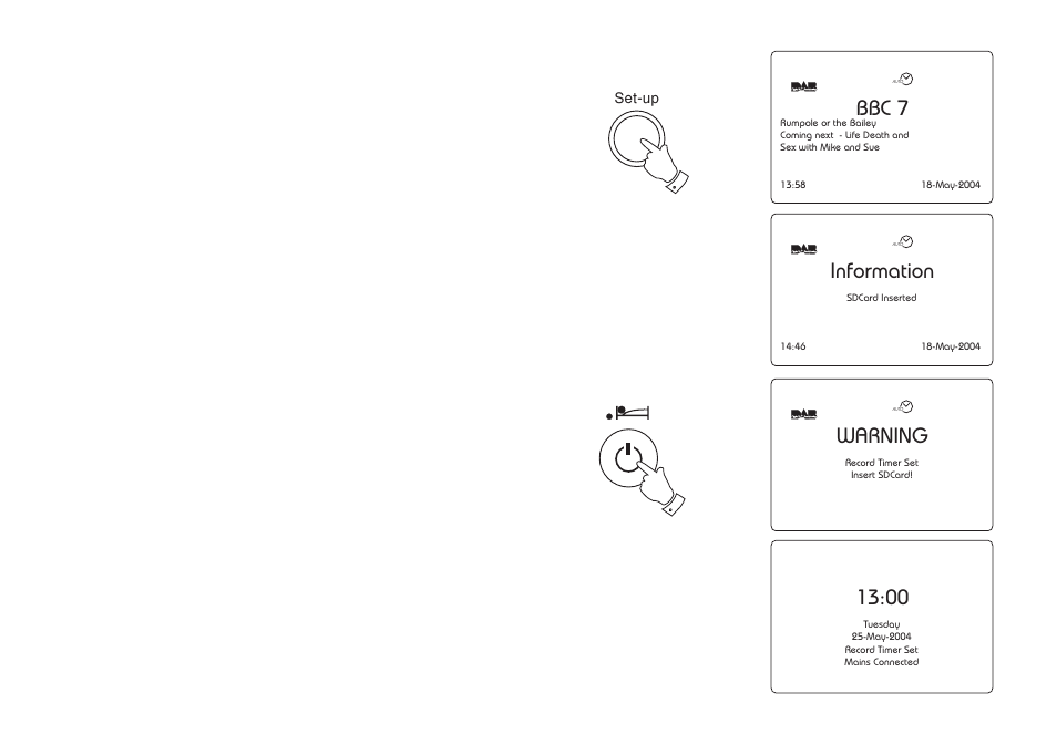 Information, 22 warning, Bbc 7 | Record timer - dab cont | Roberts Radio RD-1 User Manual | Page 20 / 56