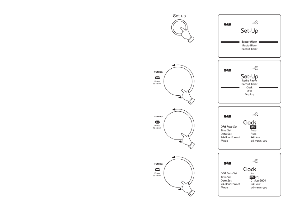 1set-up, Set-up, 2clock | Clock, Clock settings | Roberts Radio RD-1 User Manual | Page 36 / 56