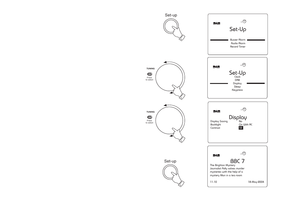 2set-up, Set-up, 6bbc 7 | Display, Display settings - contrast | Roberts Radio RD-1 User Manual | Page 48 / 56