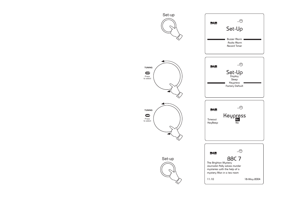 2set-up, 6bbc 7, Set-up | Keypress, Keypress settings - timeout | Roberts Radio RD-1 User Manual | Page 49 / 56