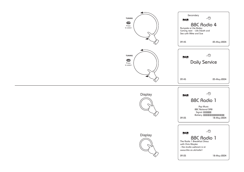 Bbc radio 1, 1bbc radio 1, Daily service | Bbc radio 4, Display modes - dab, Secondary services - dab | Roberts Radio RD-1 User Manual | Page 9 / 56