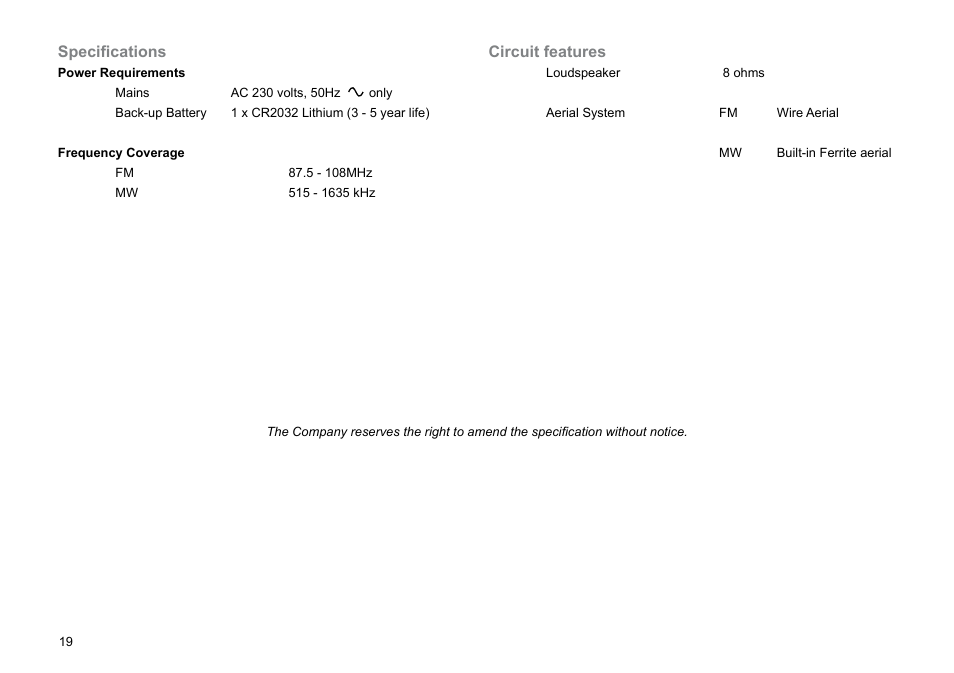 Specifications, Circuit features | Roberts Radio CR99712 User Manual | Page 20 / 24