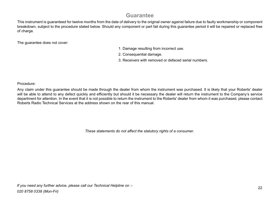 Guarantee | Roberts Radio CR99712 User Manual | Page 23 / 24