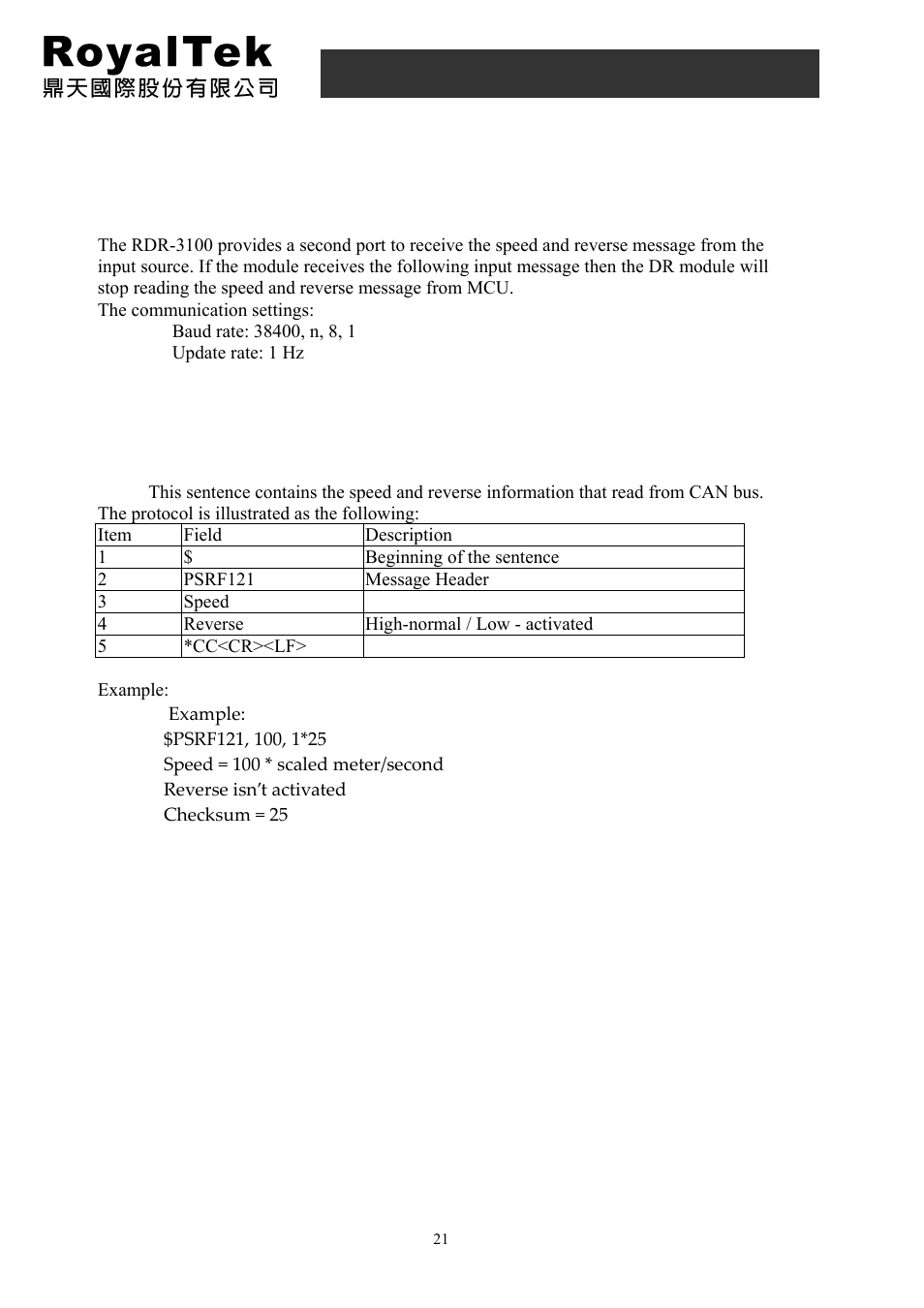 3 can bus (uart b) protocol, 1 speed, reverse status input message, Rdr-3200 user manual | RoyalTek PANASONIC GYRO RDR-3200 User Manual | Page 21 / 25