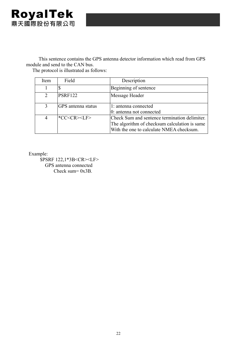 2 gps antenna detection output message, Rdr-3200 user manual | RoyalTek PANASONIC GYRO RDR-3200 User Manual | Page 22 / 25