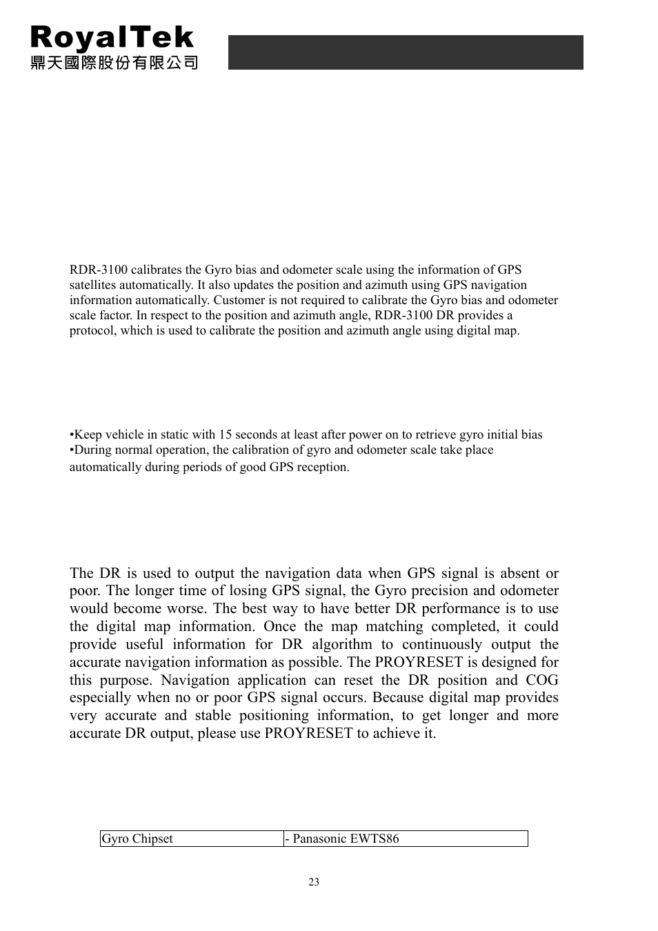 4 nmea output message, 9 calibration of dr, 1 self calibration of dr | 2 calibration criterion, 3 calibration of dr using digital map information, 4 gyro electric characteristics, Rdr-3200 user manual | RoyalTek PANASONIC GYRO RDR-3200 User Manual | Page 23 / 25