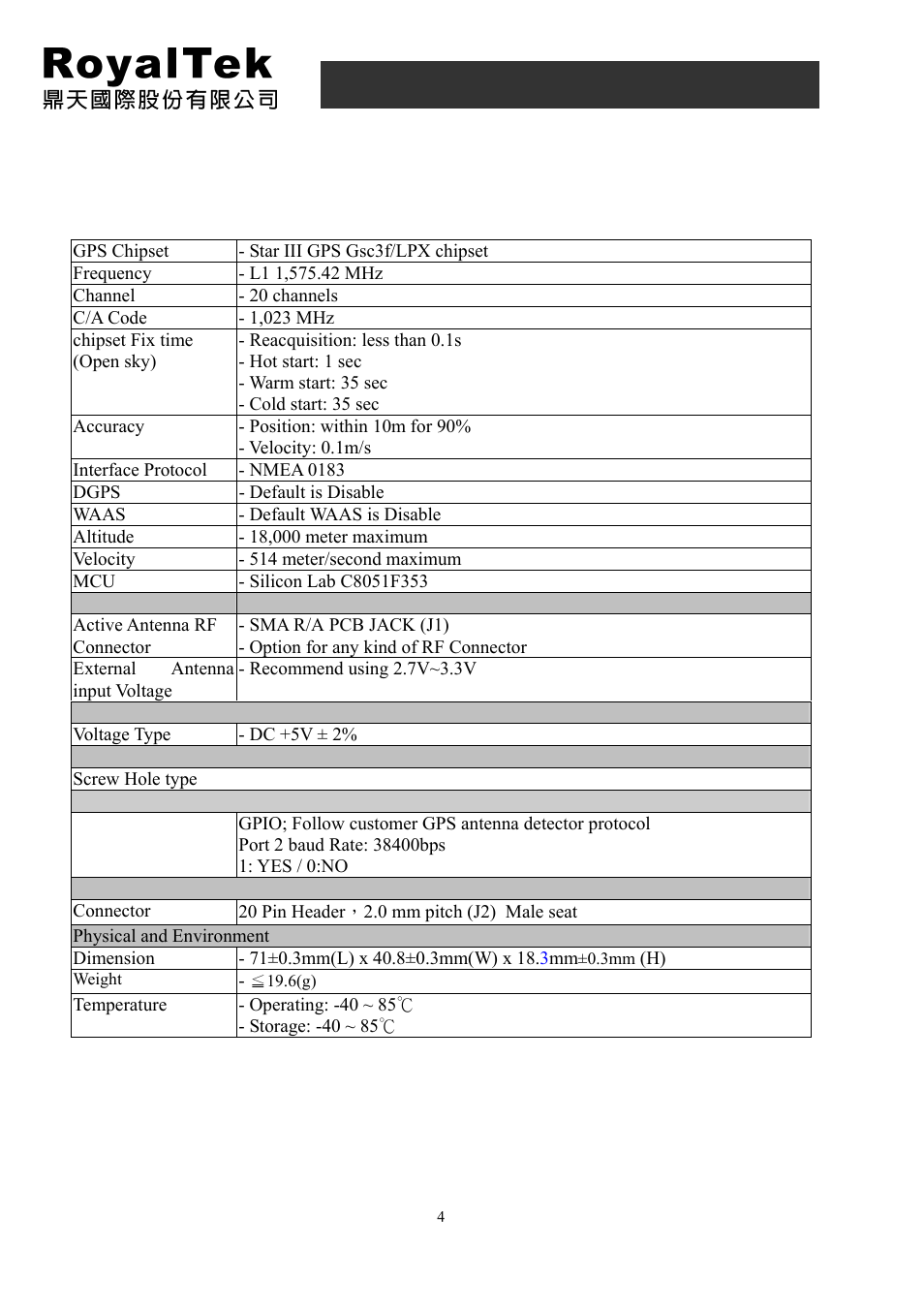 Specification, Rdr-3200 user manual | RoyalTek PANASONIC GYRO RDR-3200 User Manual | Page 4 / 25