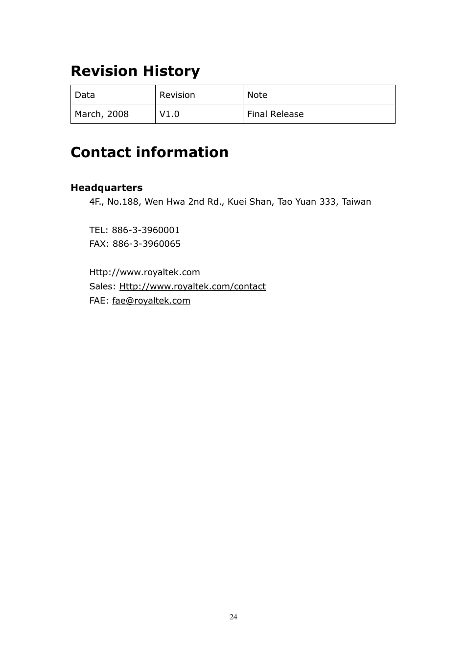 Revision history, Contact information | RoyalTek MBT-1100 User Manual | Page 24 / 24