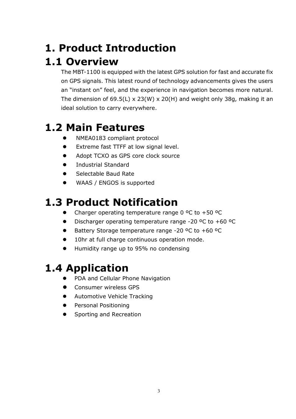 Product introduction 1.1 overview, 2 main features, 3 product notification | 4 application | RoyalTek MBT-1100 User Manual | Page 3 / 24