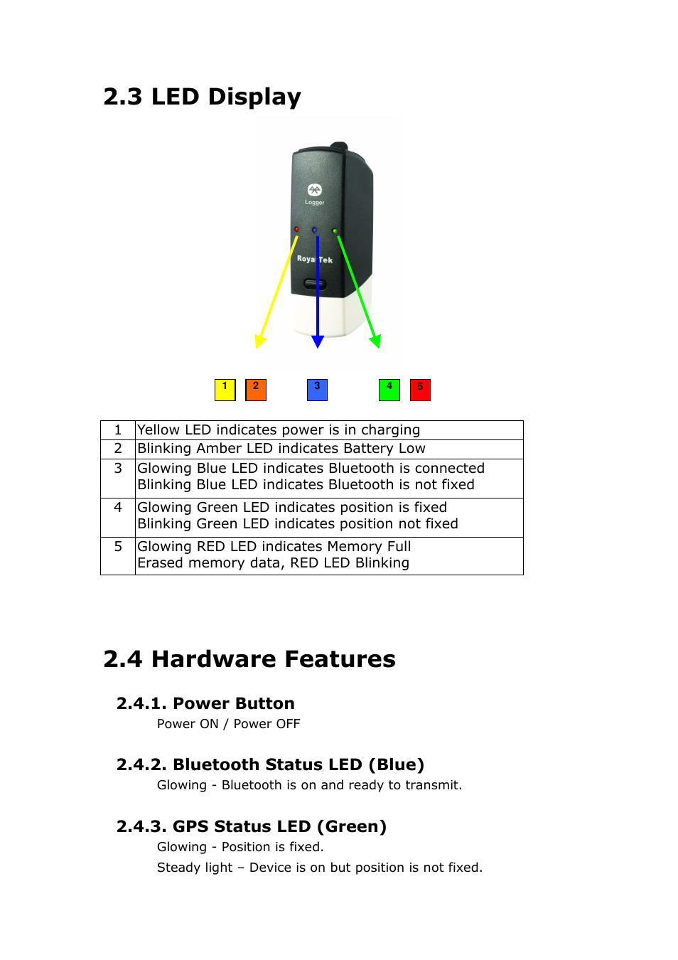 3 led display, 4 hardware features, Power button | Bluetooth status led (blue), Gps status led (green) | RoyalTek MBT-1100 User Manual | Page 8 / 24