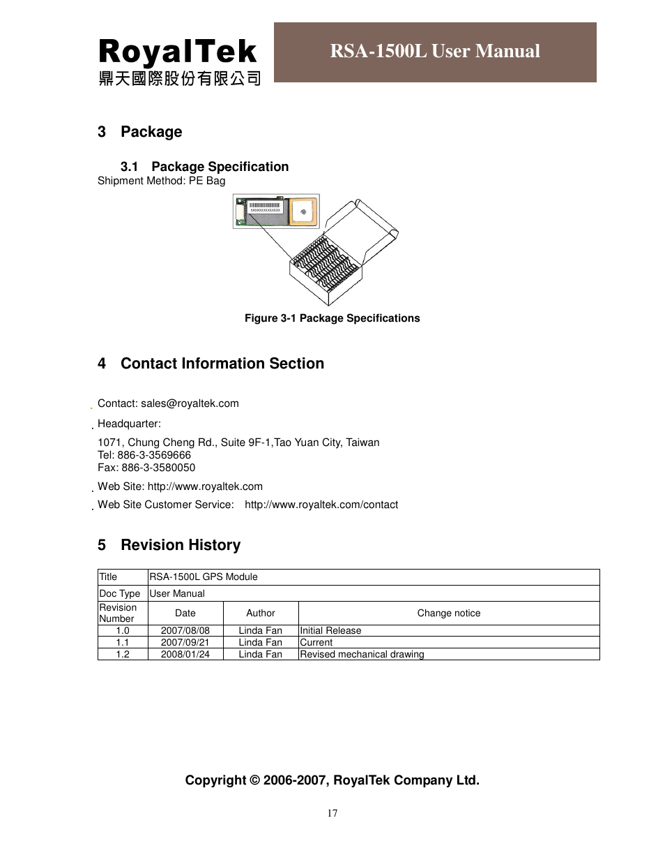 Rsa-1500l user manual, 3 package, 5 revision history | RoyalTek RSA-1500L User Manual | Page 18 / 18